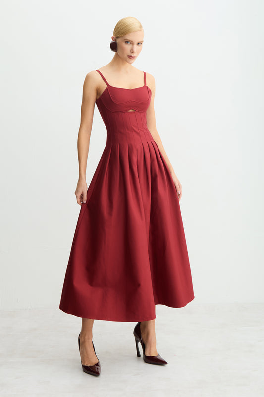 VESTIDO LONGO ACINTURADO PREGAS SAIA RECORTE BUSTO VERMELHO CEREJA