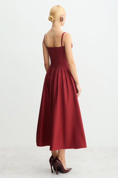 VESTIDO LONGO ACINTURADO PREGAS SAIA RECORTE BUSTO VERMELHO CEREJA