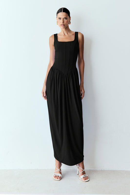 VESTIDO MIDI RECORTES COM PESPONTO CORPO SAIA TULIPA PRETO