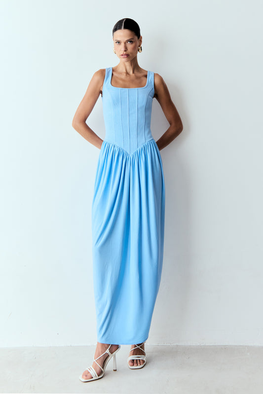 VESTIDO MIDI RECORTES COM PESPONTO CORPO SAIA TULIPA AZUL MEDITERRANEO