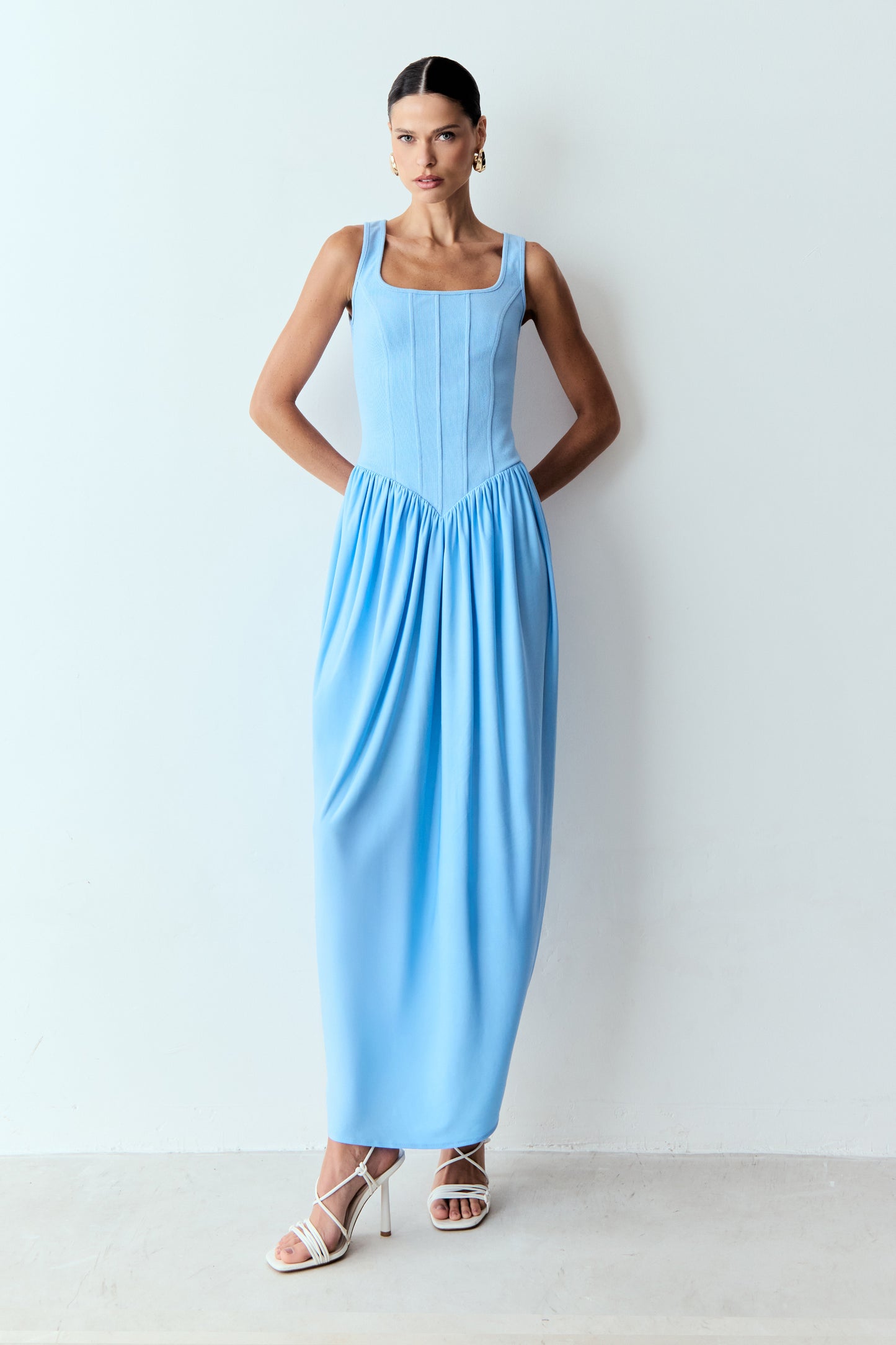 VESTIDO MIDI RECORTES COM PESPONTO CORPO SAIA TULIPA AZUL MEDITERRANEO