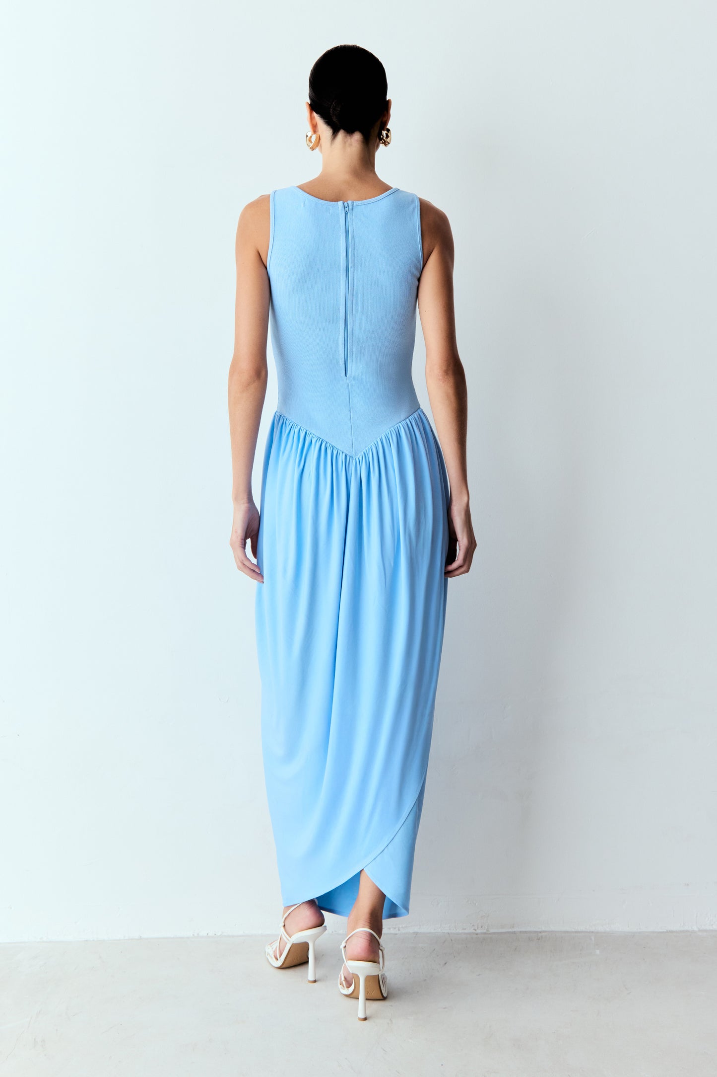 VESTIDO MIDI RECORTES COM PESPONTO CORPO SAIA TULIPA AZUL MEDITERRANEO
