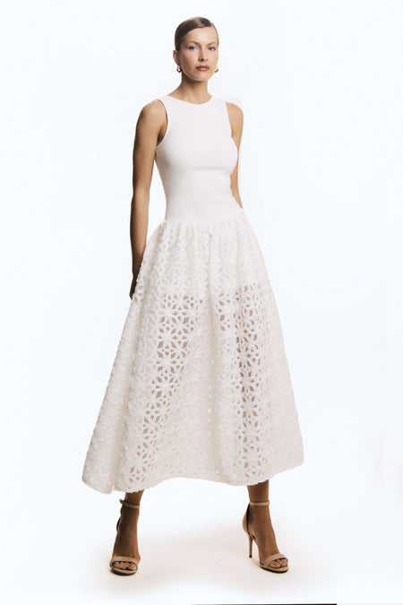 VESTIDO MIDI RECORTE NADADOR E SAIA DE TULE OFF WHITE