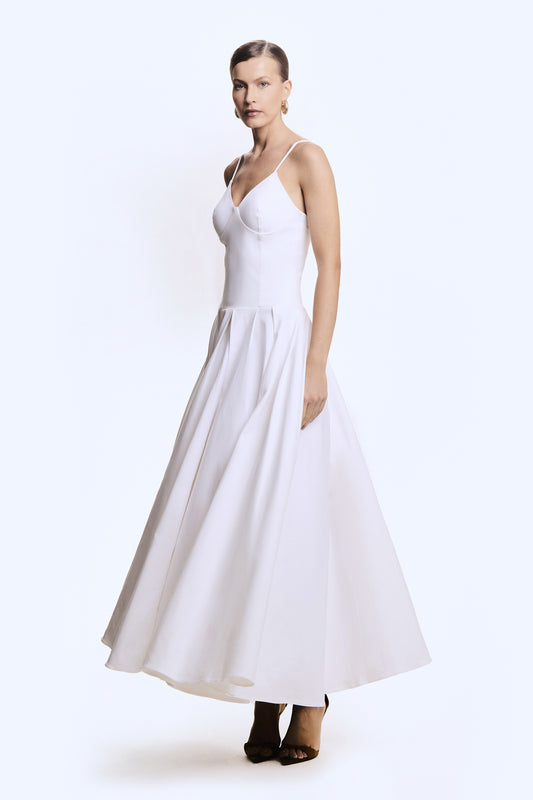 VESTIDO MIDI ESTRUTURADO PREGAS NA SAIA RECORTE BUSTO OFF WHITE