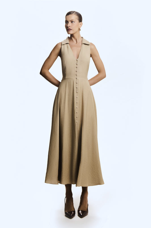 VESTIDO MIDI ABERTURA COSTAS GOLA E BOTOES VISTA KAKI