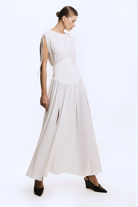 VESTIDO LONGO ACINTURADO FRANZIDO E AMARRACAO OMBROS OFF WHITE