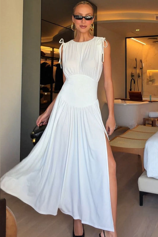 VESTIDO LONGO ACINTURADO FRANZIDO E AMARRACAO OMBROS OFF WHITE