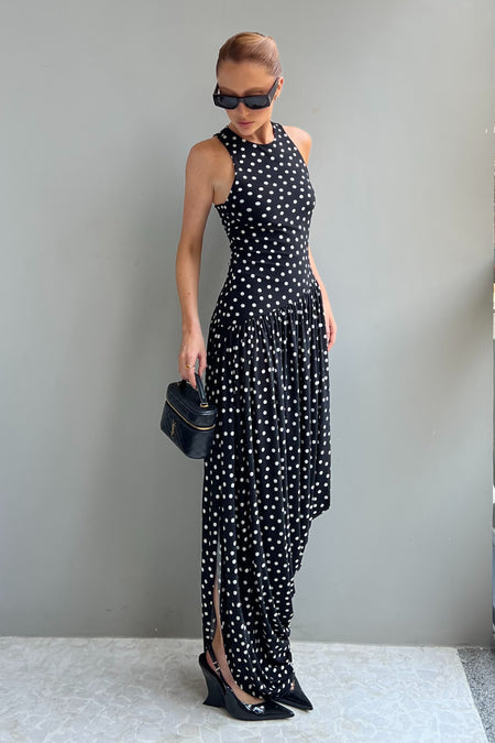 VESTIDO MIDI BARRA BALONE FLUIDA E ASSIMETRICA PRETO