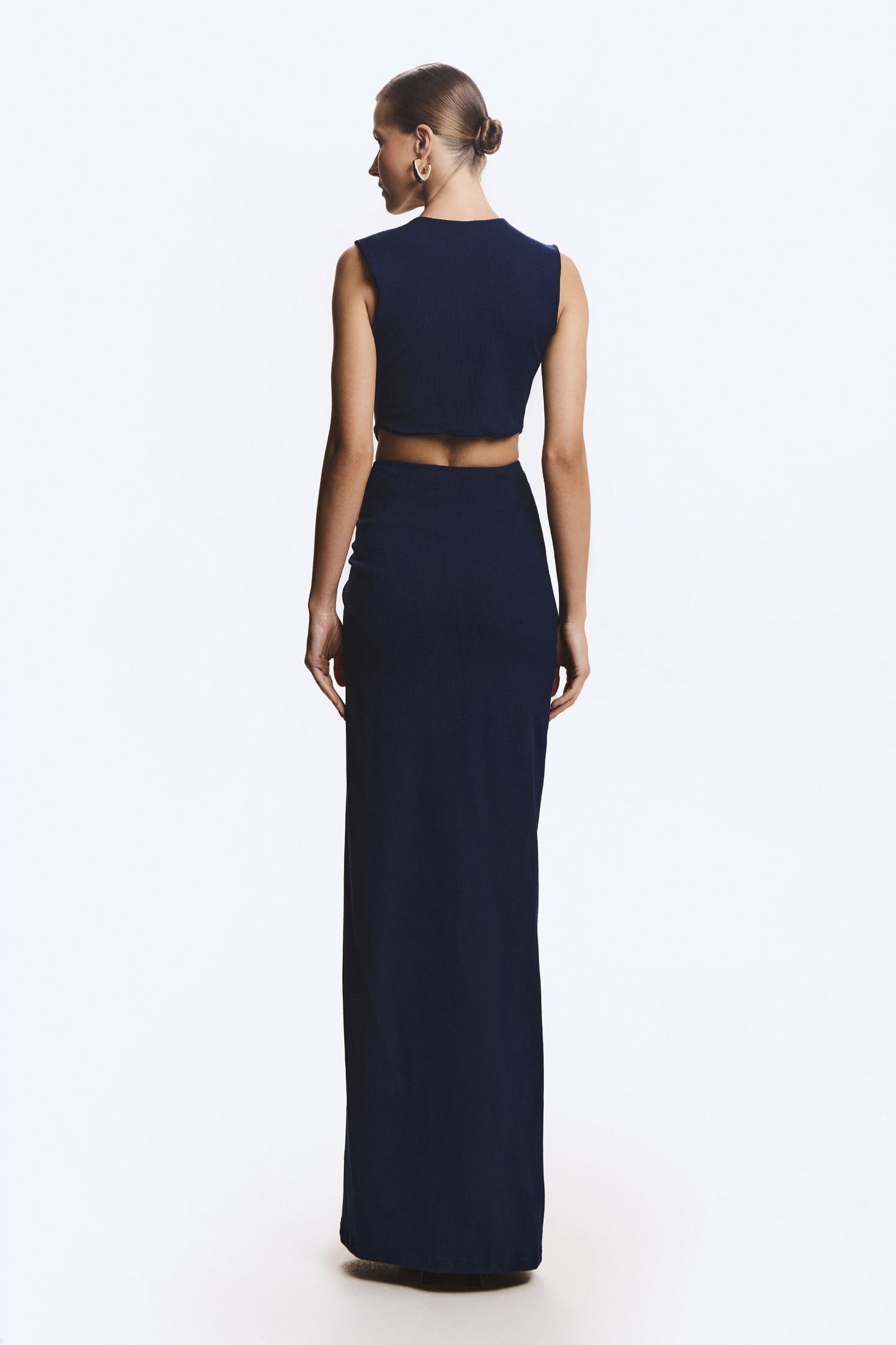 VESTIDO LONGO DRAPEADO COM CANALETA FRONTAL AZUL MARINHO