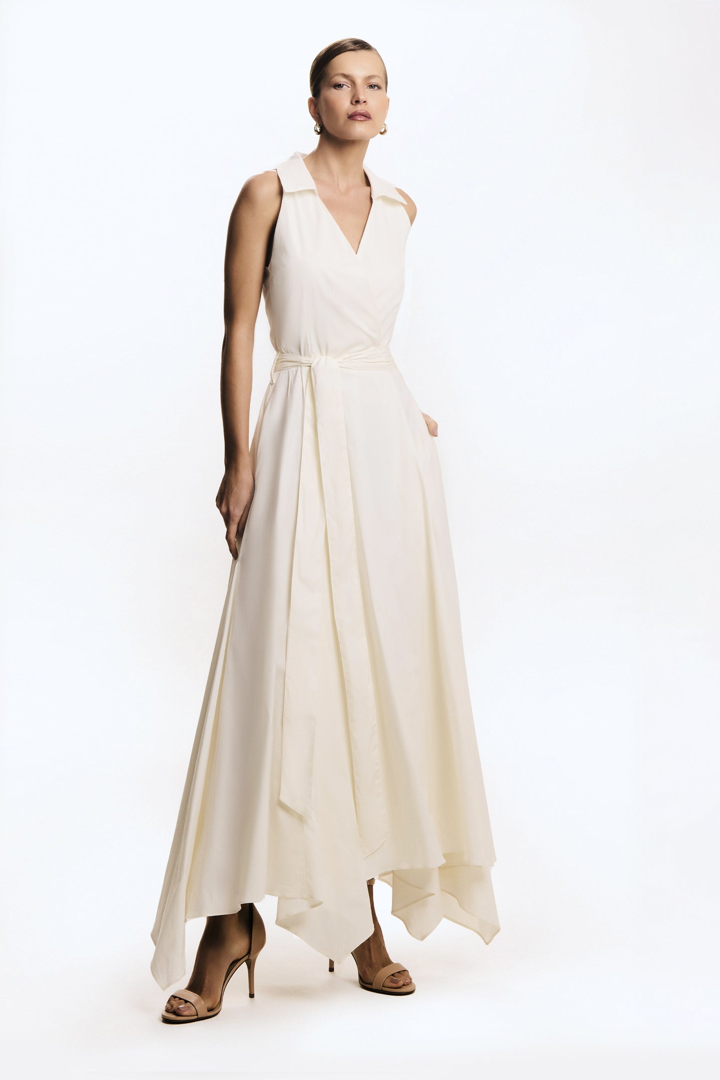 VESTIDO MIDI TRANSPASSADO COM FAIXA PARA AMARRACAO OFF WHITE