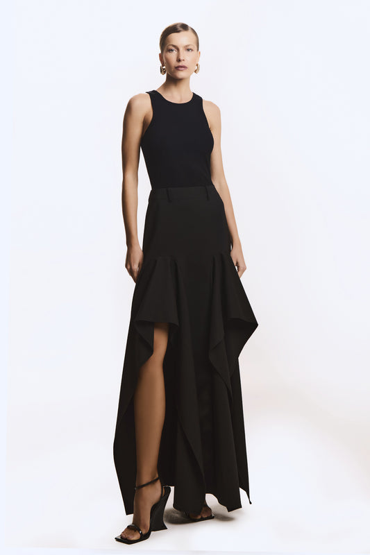 VESTIDO MIDI SAIA ALFAIATARIA COM BABADO ASSIMETRICO PRETO