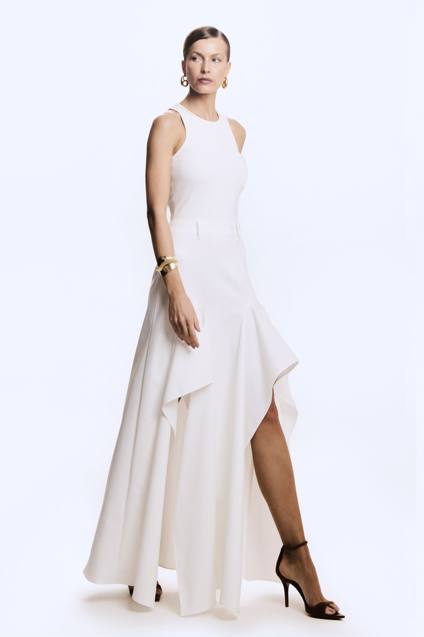 VESTIDO MIDI SAIA ALFAIATARIA COM BABADO ASSIMETRICO OFF WHITE