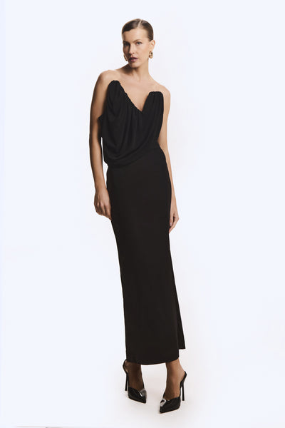 VESTIDO MIDI TOMARA QUE CAIA SOBREPOSICAO FLUIDA PRETO