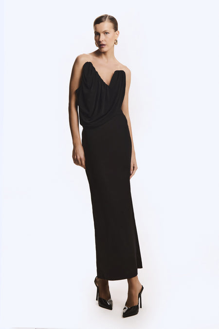VESTIDO MIDI TOMARA QUE CAIA SOBREPOSICAO FLUIDA PRETO