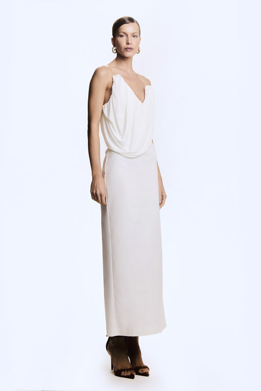 VESTIDO MIDI TOMARA QUE CAIA SOBREPOSICAO FLUIDA OFF WHITE