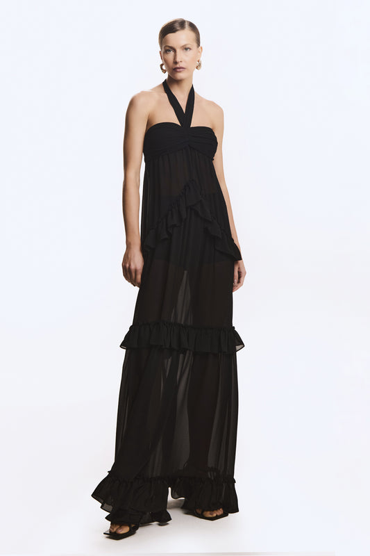 VESTIDO LONGO COM BABADOS AMARRACAO PESCOCO PRETO