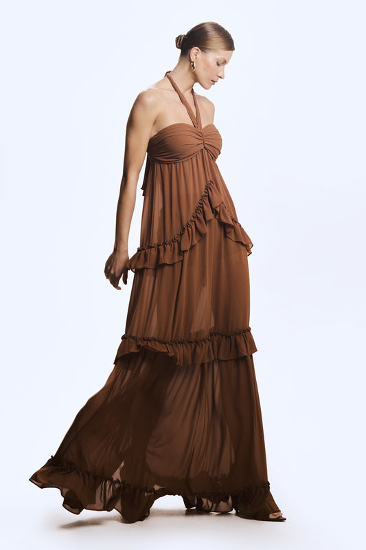 VESTIDO LONGO COM BABADOS AMARRACAO PESCOCO MARROM CANELA