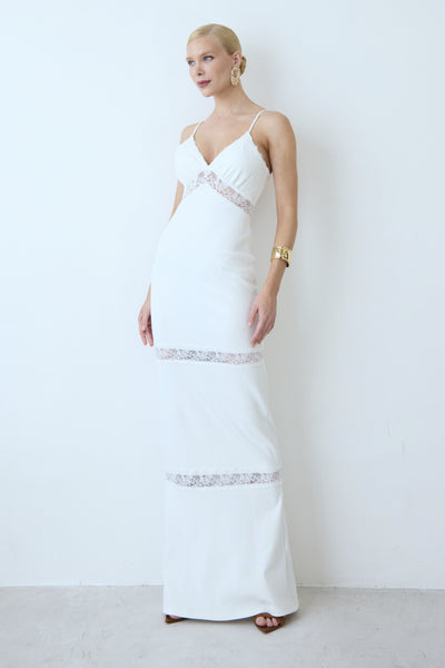 VESTIDO LONGO COM RENDA DECOTE E ENTREMEIO OFF WHITE