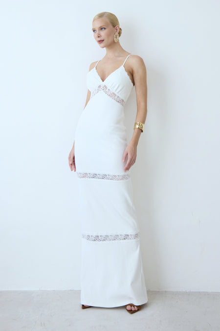 VESTIDO LONGO COM RENDA DECOTE E ENTREMEIO OFF WHITE