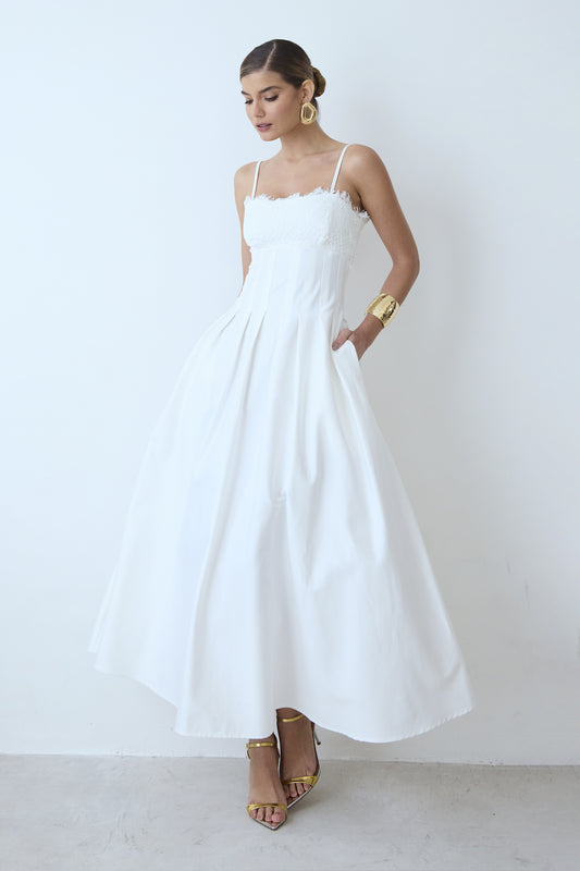 VESTIDO MIDI RECORTES PESPONTADOS CINTURA RENDA BUSTO OFF WHITE