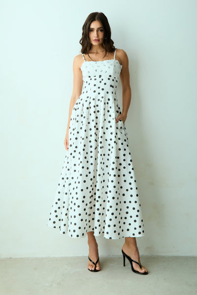 VESTIDO MIDI RECORTES PESPONTADOS CINTURA RENDA BUSTO FUNDO OFF COM PRETO