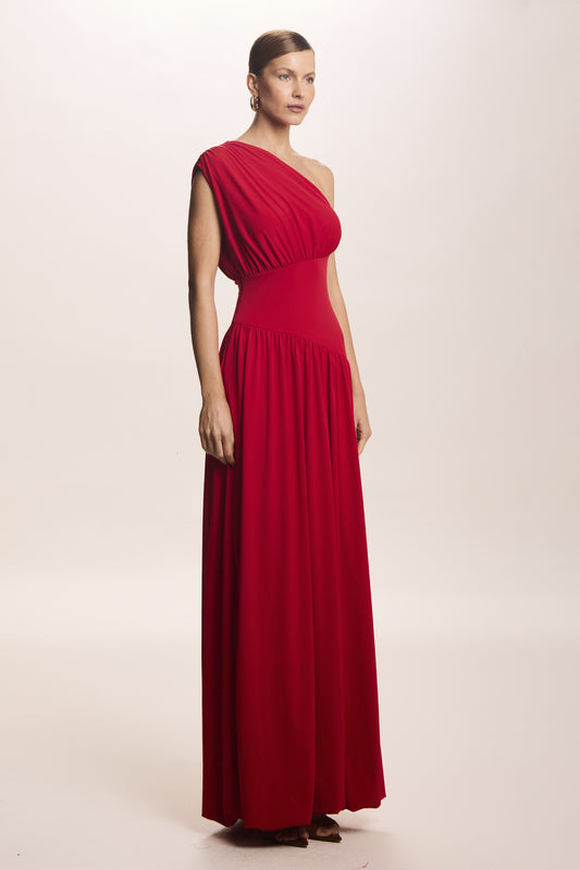 VESTIDO MIDI UM OMBRO BARRA  BALONE ASSIMETRICA VERMELHO