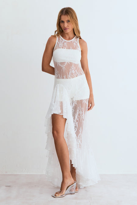 VESTIDO MIDI EM RENDA COM BARRA ASSIMETRIA VOLUMOSA OFF WHITE