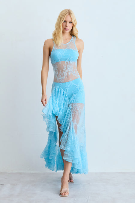 VESTIDO MIDI EM RENDA COM BARRA ASSIMETRIA VOLUMOSA AZUL OCEANO