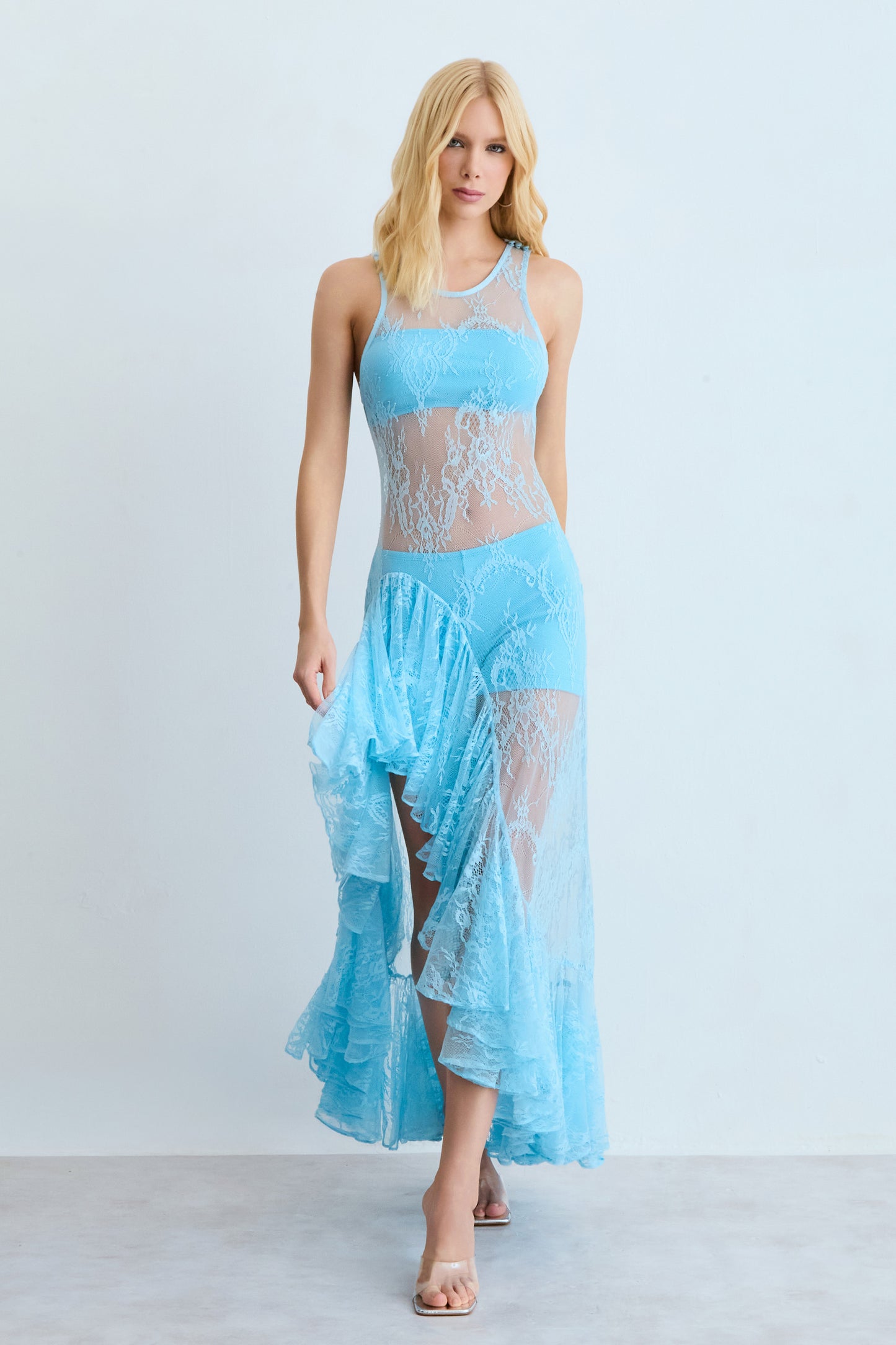 VESTIDO MIDI EM RENDA COM BARRA ASSIMETRIA VOLUMOSA AZUL OCEANO