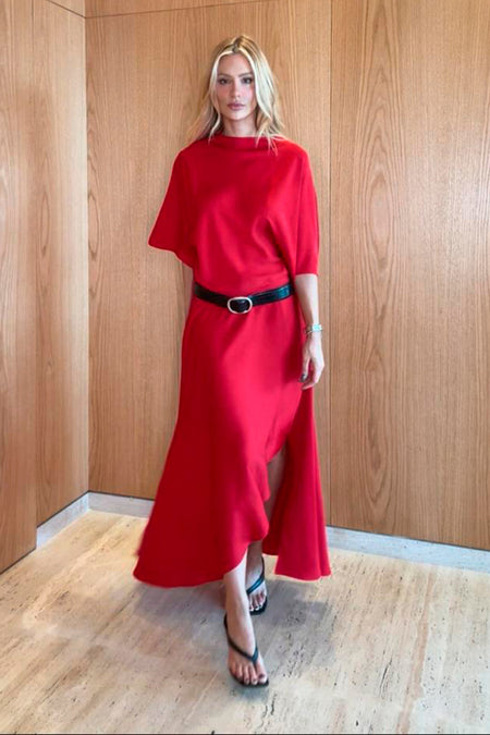 VESTIDO MIDI FLUIDO COM TRANSPASSE SAIA VERMELHO
