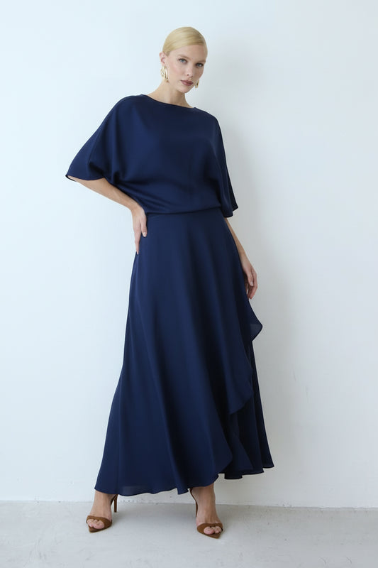 VESTIDO MIDI FLUIDO COM TRANSPASSE SAIA AZUL MARINHO