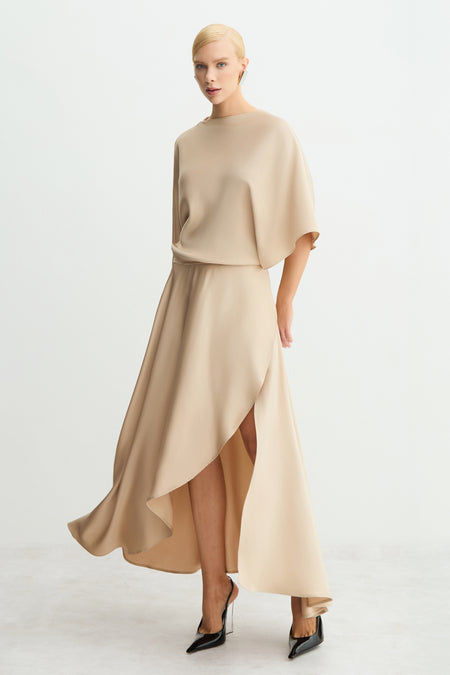 VESTIDO MIDI FLUIDO COM TRANSPASSE SAIA KAKI CLARO
