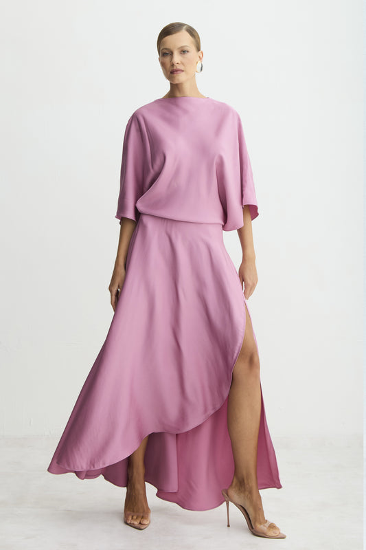 VESTIDO MIDI FLUIDO COM TRANSPASSE SAIA ROSA AMARANTO