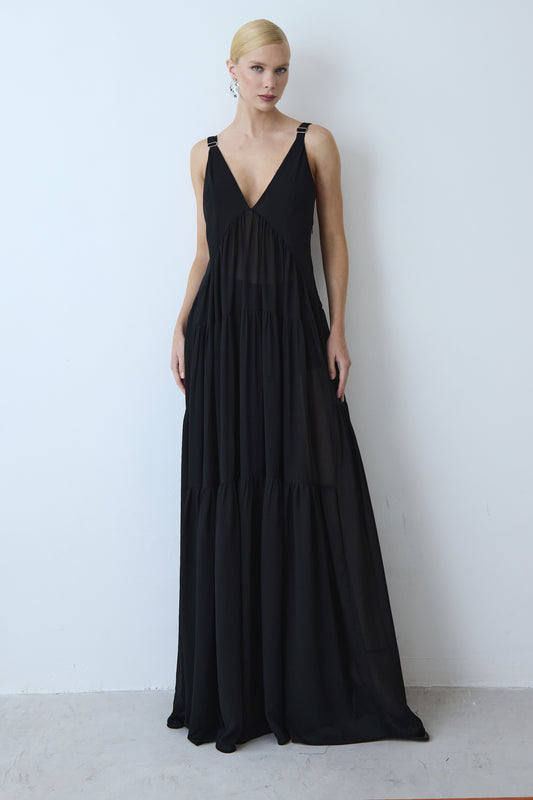 VESTIDO LONGO FLUIDO DECOTE V COM RECORTES FRANZIDOS PRETO