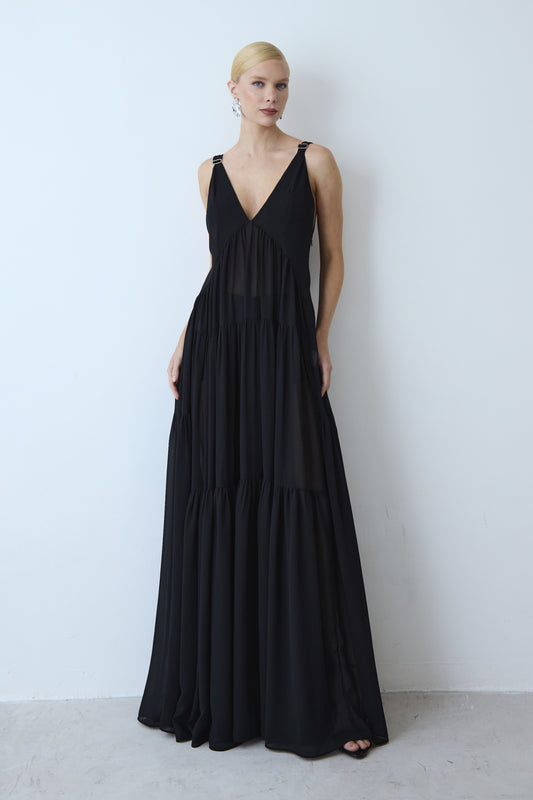 VESTIDO LONGO FLUIDO DECOTE V COM RECORTES FRANZIDOS PRETO