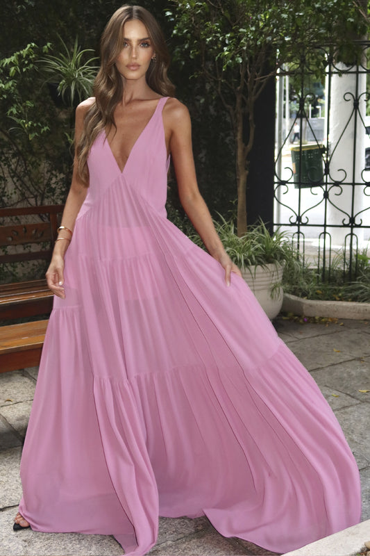 VESTIDO LONGO FLUIDO DECOTE V COM RECORTES FRANZIDOS ROSA AMARANTO