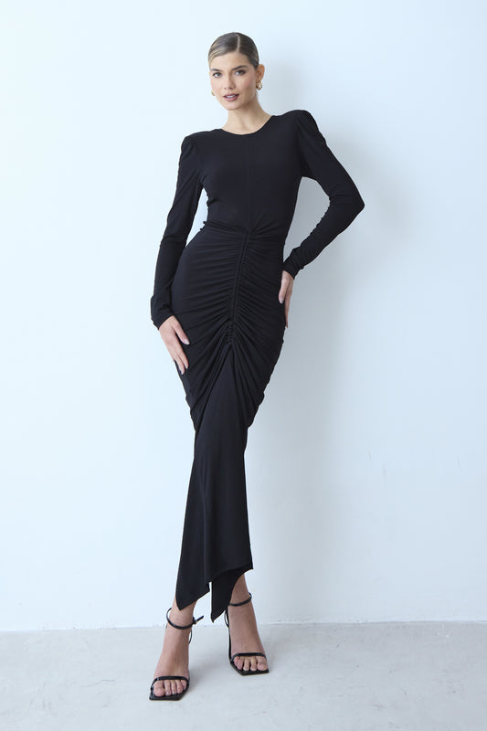 VESTIDO MIDI FRANZIDOS FRENTE E COSTAS PRETO