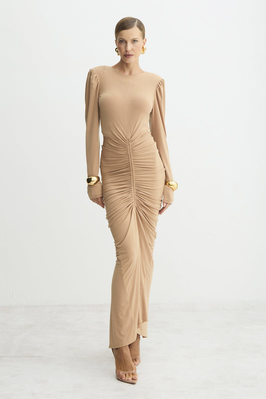 VESTIDO MIDI FRANZIDOS FRENTE E COSTAS BEGE CAMELO