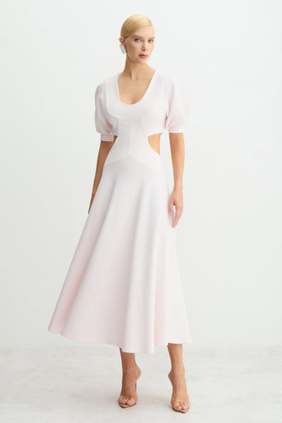 VESTIDO MIDI MANGAS CURTAS AMPLAS ABERTURAS LATERAIS ROSA CELESTIAL
