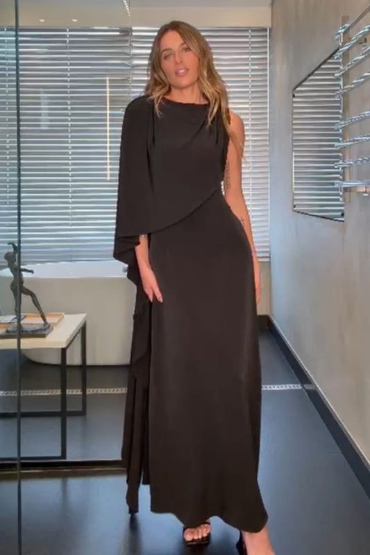 VESTIDO MIDI ALONGADO FLUIDO SOBREPOSICAO ASSIMETRICA PRETO