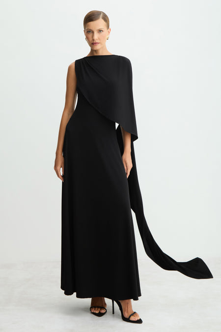 VESTIDO MIDI ALONGADO FLUIDO SOBREPOSICAO ASSIMETRICA PRETO