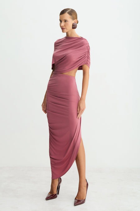 VESTIDO MIDI SOBREPOSICAO FLUIDA BUSTO BARRA BALONE UVA