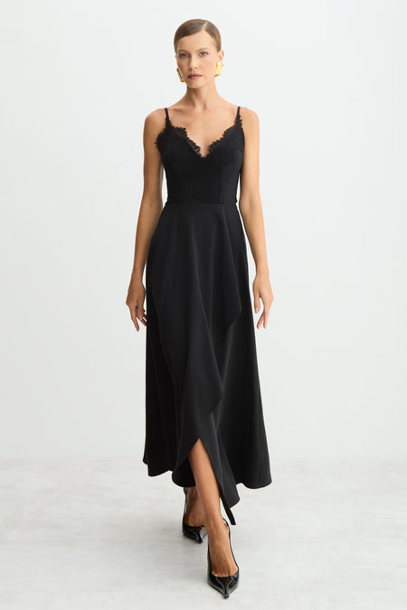 VESTIDO MIDI RENDA BUSTO COM SOBREPOSICAO SAIA PRETO