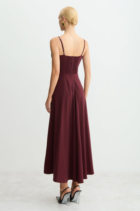 VESTIDO MIDI RENDA BUSTO COM SOBREPOSICAO SAIA VINHO