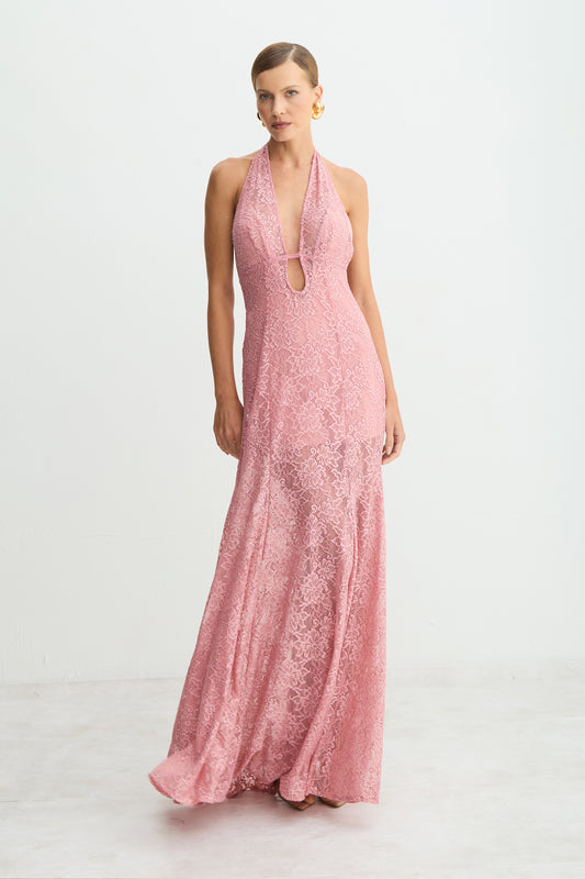 VESTIDO MIDI FRENTE UNIICA DECOTE PROFUNDO EM RENDA BLUSH