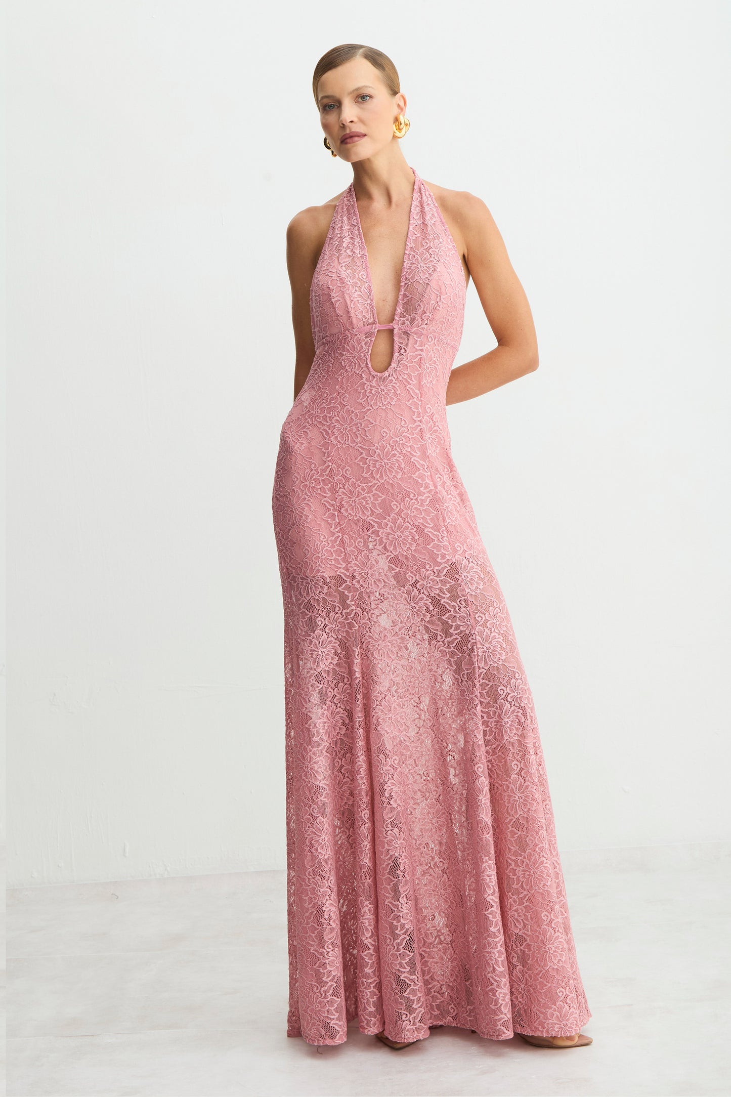 VESTIDO MIDI FRENTE UNIICA DECOTE PROFUNDO EM RENDA BLUSH
