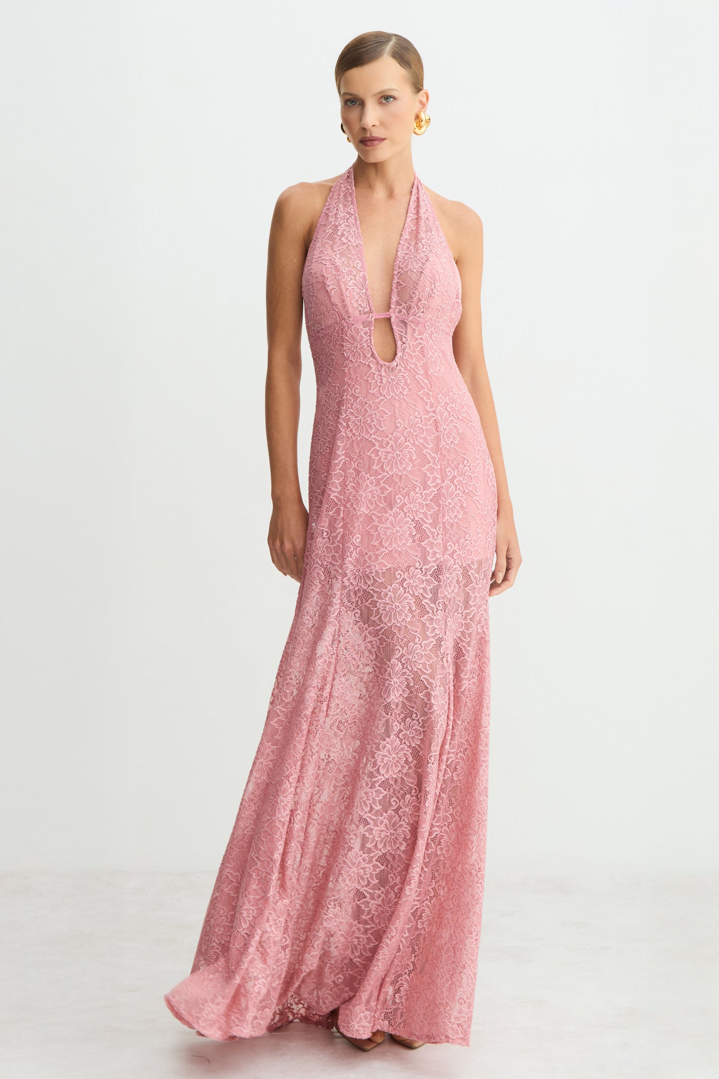 VESTIDO MIDI FRENTE UNIICA DECOTE PROFUNDO EM RENDA BLUSH