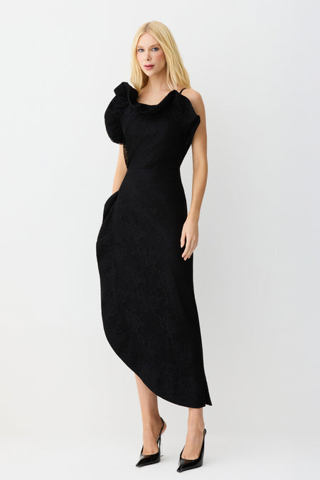 VESTIDO MIDI COM VOLUME ESTRUTURADO DECOTE E LATERAL PRETO