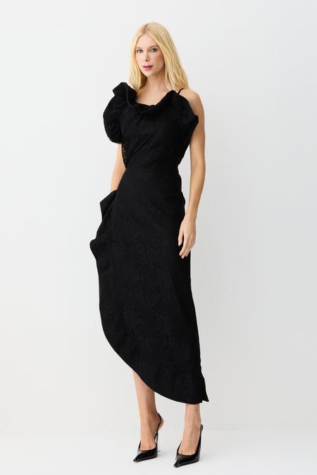 VESTIDO MIDI COM VOLUME ESTRUTURADO DECOTE E LATERAL PRETO