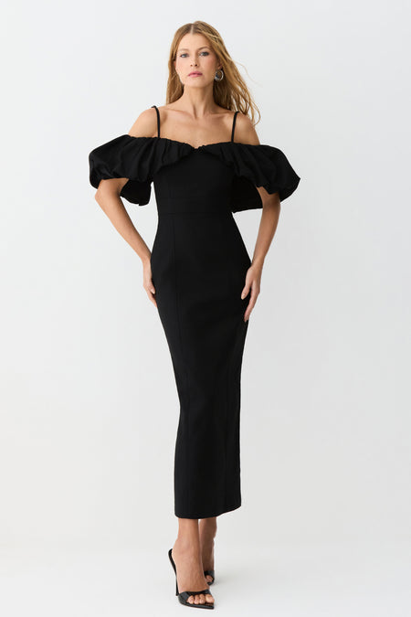 VESTIDO MIDI OMBRO A OMBRO MANGAS BUFANTES ESTRUTURADO PRETO